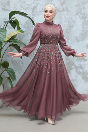 Tesettürlü Abiye Elbise - Boncuk İşlemeli Kahverengi Tesettür Abiye Elbise 4953KH - 2