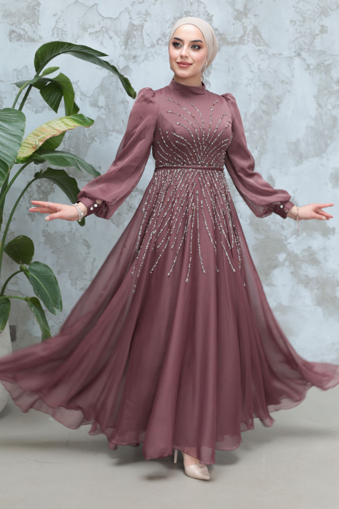 Tesettürlü Abiye Elbise - Boncuk İşlemeli Kahverengi Tesettür Abiye Elbise 4953KH - 2