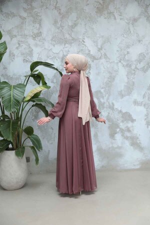 Tesettürlü Abiye Elbise - Boncuk İşlemeli Kahverengi Tesettür Abiye Elbise 4953KH - 4