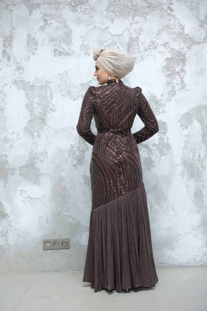Tesettürlü Abiye Elbise - Boncuk İşlemeli Kahverengi Tesettür Abiye Elbise 50261KH - 3