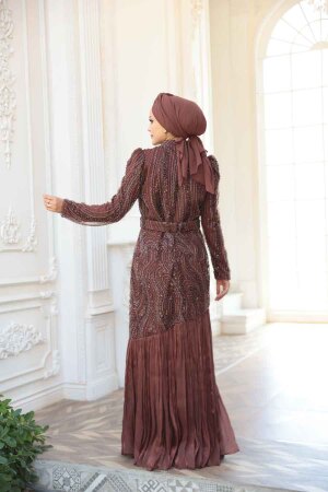 Tesettürlü Abiye Elbise - Boncuk İşlemeli Kahverengi Tesettür Abiye Elbise 51621KH - 5