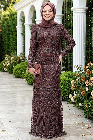 Tesettürlü Abiye Elbise - Boncuk İşlemeli Kahverengi Tesettür Abiye Elbise 51636KH 