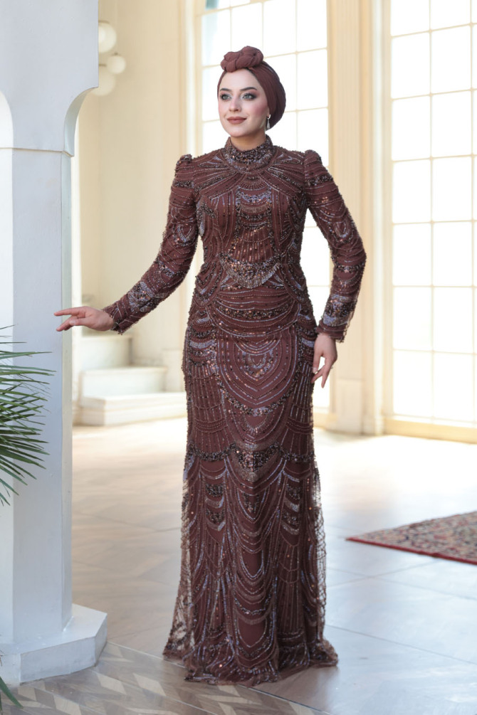 Tesettürlü Abiye Elbise - Boncuk İşlemeli Kahverengi Tesettür Abiye Elbise 51636KH - N.S NEVA STYLE