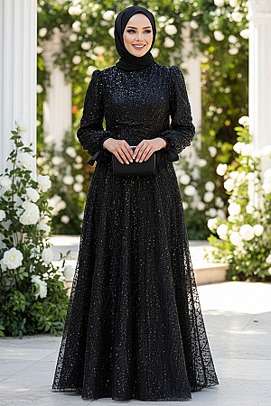 Tesettürlü Abiye Elbise - Boncuk İşlemeli Siyah Tesettür Abiye Elbise 53171S - 1