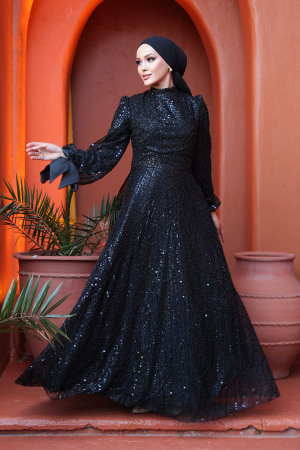 Tesettürlü Abiye Elbise - Boncuk İşlemeli Siyah Tesettür Abiye Elbise 53171S 