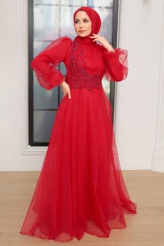 Tesettürlü Abiye Elbise - Boncuk İşlemeli Kırmızı Tesettür Abiye Elbise 22540K - Thumbnail