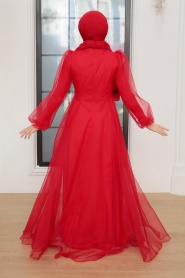 Tesettürlü Abiye Elbise - Boncuk İşlemeli Kırmızı Tesettür Abiye Elbise 22540K - Thumbnail