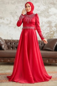 Tesettürlü Abiye Elbise - Boncuk İşlemeli Kırmızı Tesettür Abiye Elbise 3774K - Thumbnail