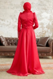 Tesettürlü Abiye Elbise - Boncuk İşlemeli Kırmızı Tesettür Abiye Elbise 3774K - Thumbnail