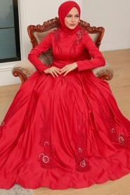 Tesettürlü Abiye Elbise - Boncuk İşlemeli Kırmızı Tesettür Abiye Elbise 777K - Thumbnail