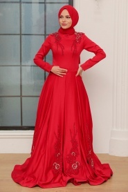 Tesettürlü Abiye Elbise - Boncuk İşlemeli Kırmızı Tesettür Abiye Elbise 777K - Thumbnail