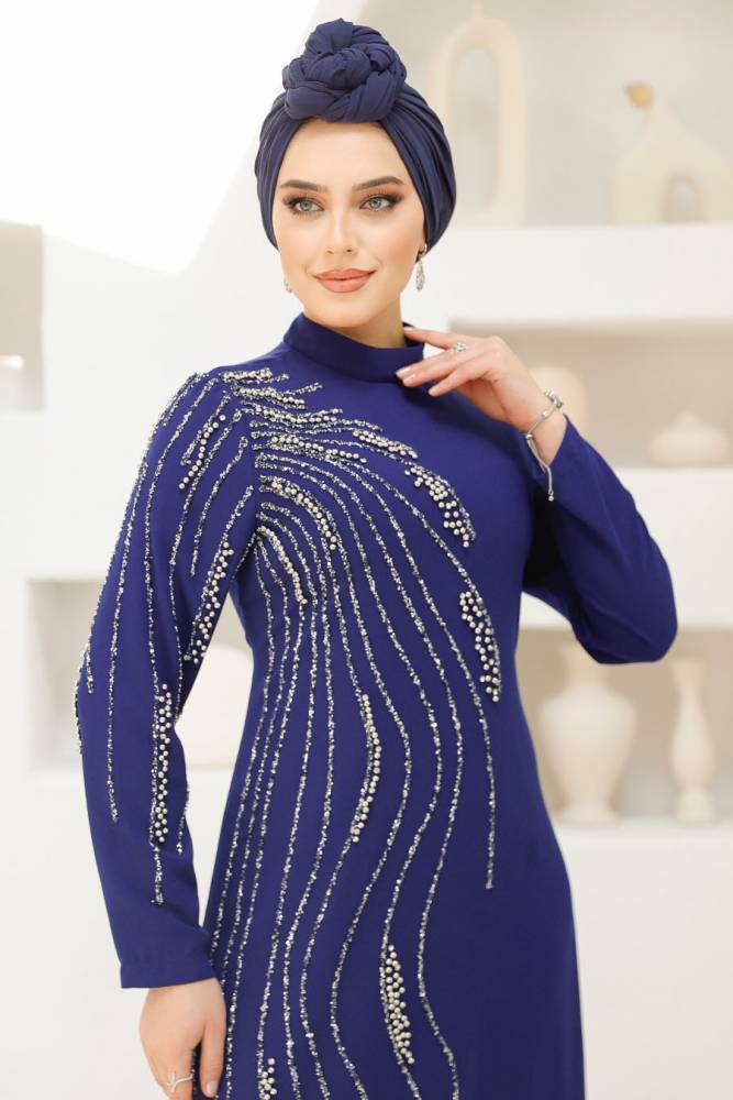 Tesettürlü Abiye Elbise - Boncuk İşlemeli Koyu İndigo Mavisi Tesettür Abiye Elbise 46781KIM - 3