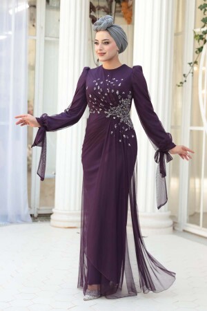 Tesettürlü Abiye Elbise - Boncuk İşlemeli Koyu Mor Tesettür Abiye Elbise 53497KMOR 