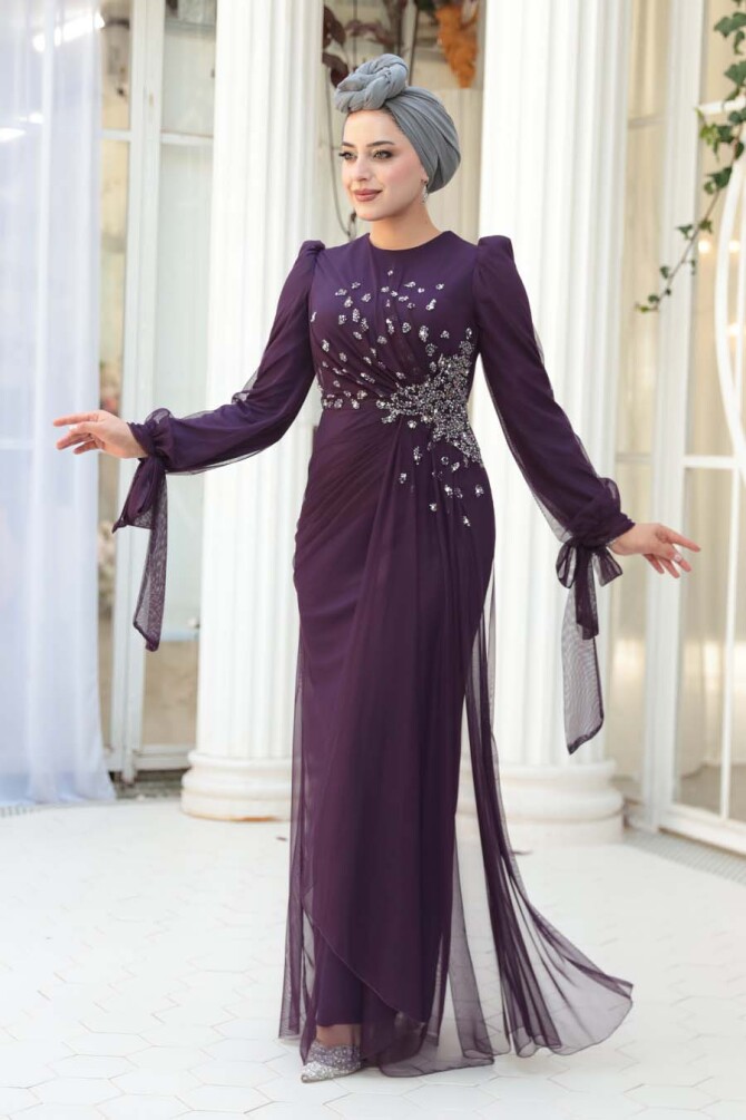 Tesettürlü Abiye Elbise - Boncuk İşlemeli Koyu Mor Tesettür Abiye Elbise 53497KMOR - 1
