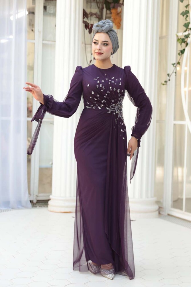 Tesettürlü Abiye Elbise - Boncuk İşlemeli Koyu Mor Tesettür Abiye Elbise 53497KMOR - 2