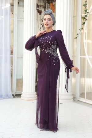 Tesettürlü Abiye Elbise - Boncuk İşlemeli Koyu Mor Tesettür Abiye Elbise 53497KMOR - 3