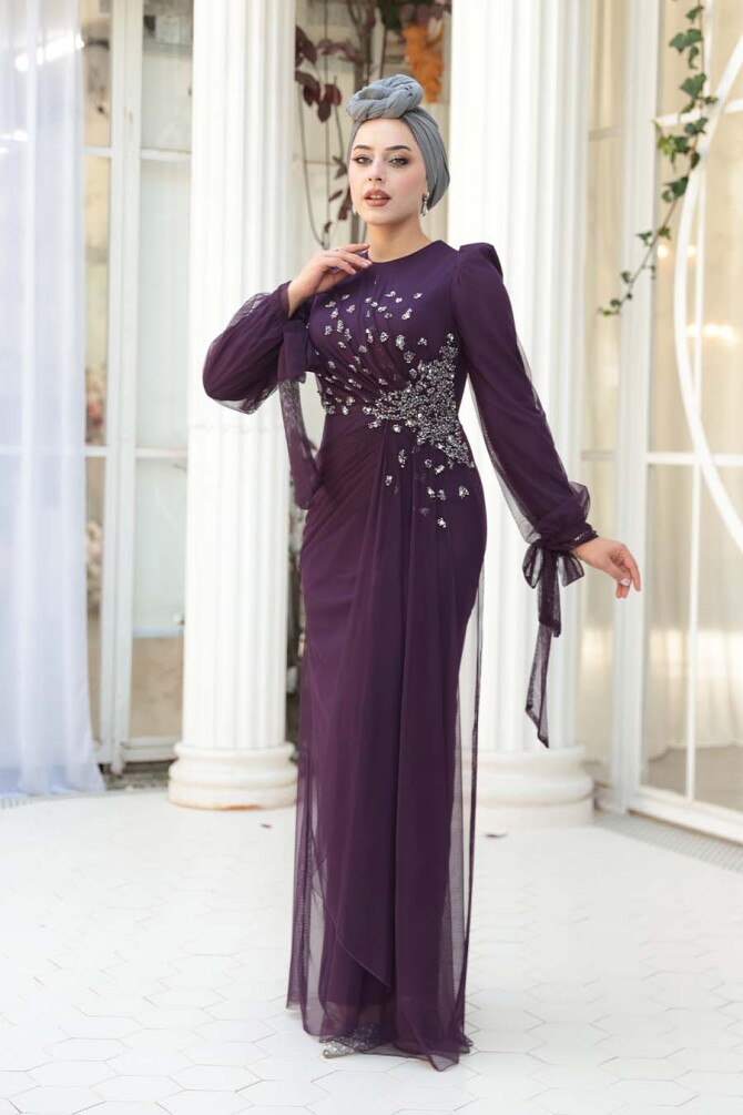 Tesettürlü Abiye Elbise - Boncuk İşlemeli Koyu Mor Tesettür Abiye Elbise 53497KMOR - 3