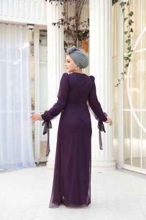 Tesettürlü Abiye Elbise - Boncuk İşlemeli Koyu Mor Tesettür Abiye Elbise 53497KMOR - 4