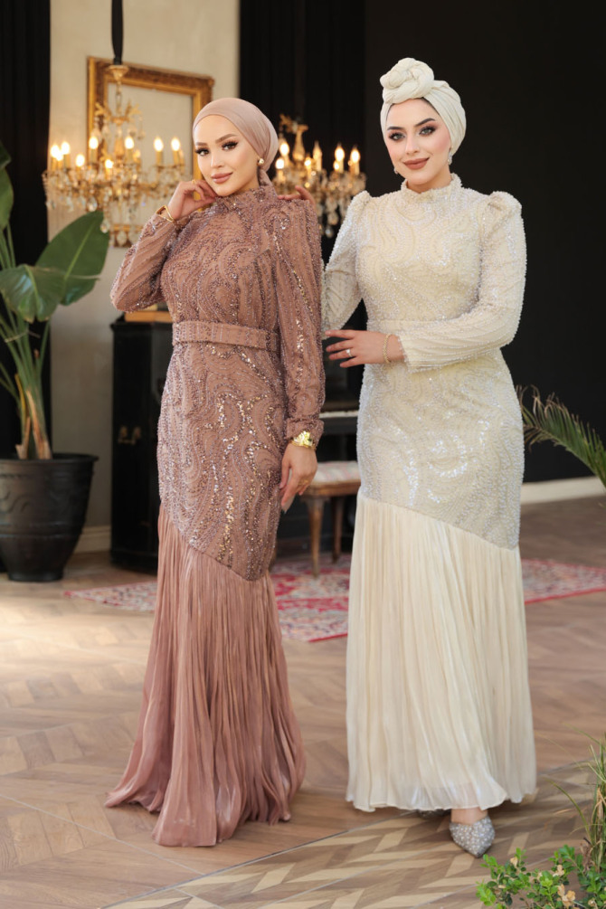 Tesettürlü Abiye Elbise - Boncuk İşlemeli Krem Tesettür Abiye Elbise 51621KR - 4