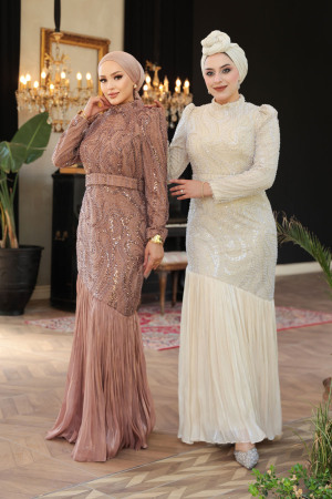 Tesettürlü Abiye Elbise - Boncuk İşlemeli Krem Tesettür Abiye Elbise 51621KR - 5