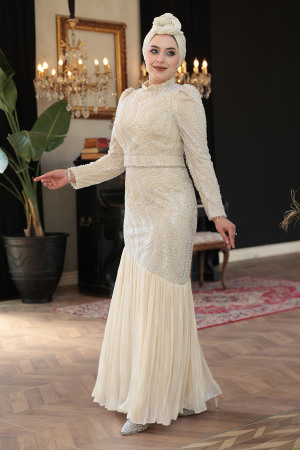 Tesettürlü Abiye Elbise - Boncuk İşlemeli Krem Tesettür Abiye Elbise 51621KR - 2