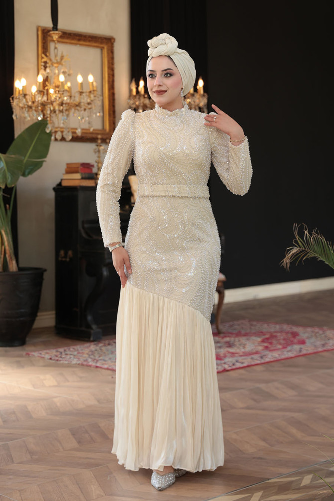 Tesettürlü Abiye Elbise - Boncuk İşlemeli Krem Tesettür Abiye Elbise 51621KR - 3