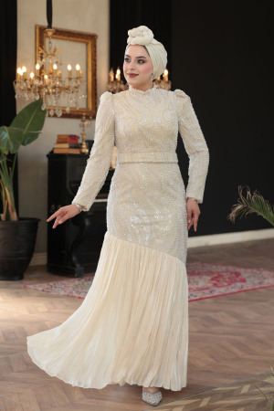 Tesettürlü Abiye Elbise - Boncuk İşlemeli Krem Tesettür Abiye Elbise 51621KR 