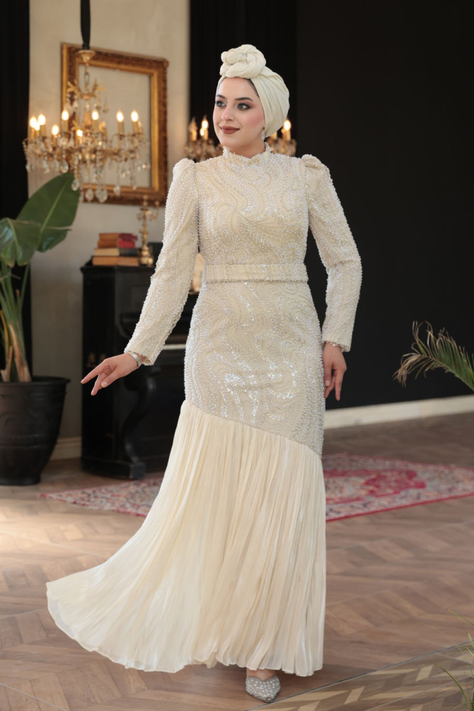 Tesettürlü Abiye Elbise - Boncuk İşlemeli Krem Tesettür Abiye Elbise 51621KR - N.S NEVA STYLE