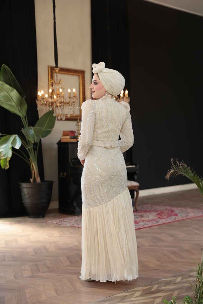 Tesettürlü Abiye Elbise - Boncuk İşlemeli Krem Tesettür Abiye Elbise 51621KR - 8