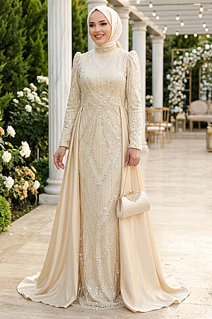 Tesettürlü Abiye Elbise - Boncuk İşlemeli Kuyruklu Bej Tesettür Abiye Elbise 51923BEJ 