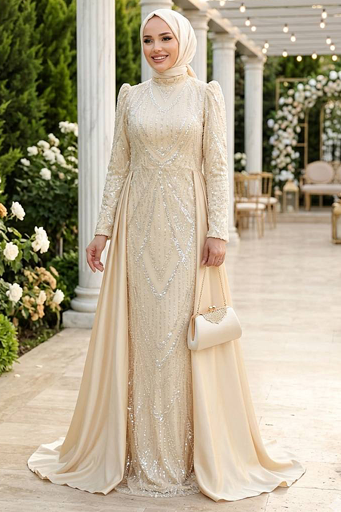 Tesettürlü Abiye Elbise - Boncuk İşlemeli Kuyruklu Bej Tesettür Abiye Elbise 51923BEJ - 1