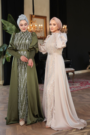 Tesettürlü Abiye Elbise - Boncuk İşlemeli Kuyruklu Haki Tesettür Abiye Elbise 50901HK - 7