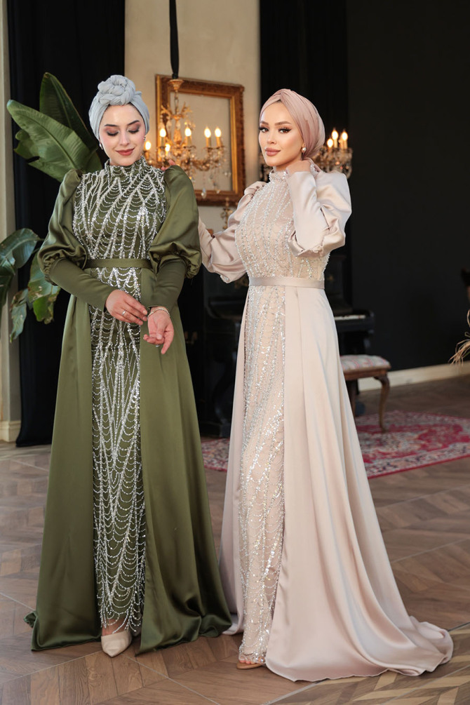 Tesettürlü Abiye Elbise - Boncuk İşlemeli Kuyruklu Haki Tesettür Abiye Elbise 50901HK - 7
