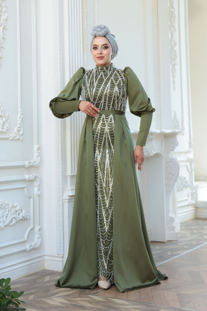 Tesettürlü Abiye Elbise - Boncuk İşlemeli Kuyruklu Haki Tesettür Abiye Elbise 50901HK - N.S NEVA STYLE