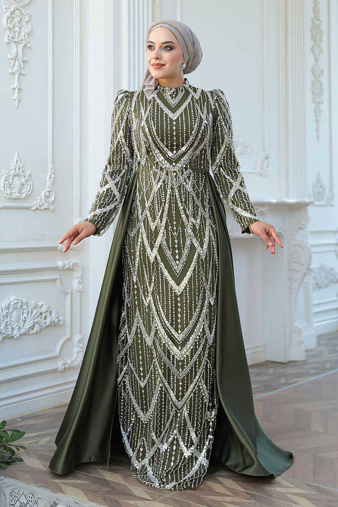 Tesettürlü Abiye Elbise - Boncuk İşlemeli Kuyruklu Haki Tesettür Abiye Elbise 51923HK - 1