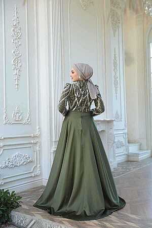 Tesettürlü Abiye Elbise - Boncuk İşlemeli Kuyruklu Haki Tesettür Abiye Elbise 51923HK - 4