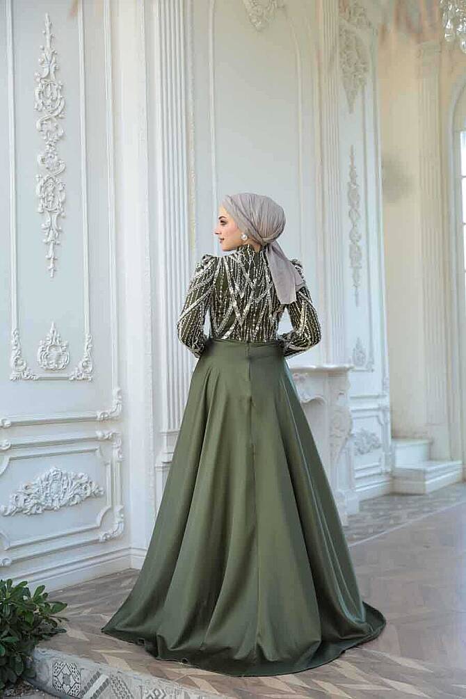 Tesettürlü Abiye Elbise - Boncuk İşlemeli Kuyruklu Haki Tesettür Abiye Elbise 51923HK - 4