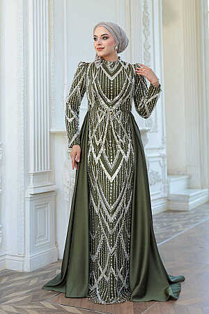 Tesettürlü Abiye Elbise - Boncuk İşlemeli Kuyruklu Haki Tesettür Abiye Elbise 51923HK - 2