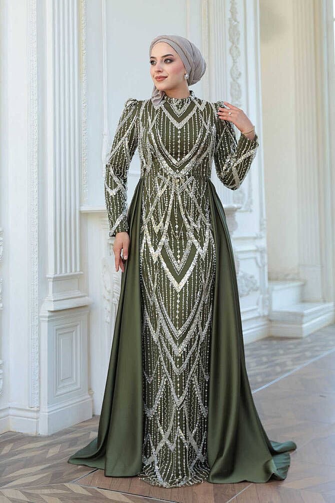 Tesettürlü Abiye Elbise - Boncuk İşlemeli Kuyruklu Haki Tesettür Abiye Elbise 51923HK - 2