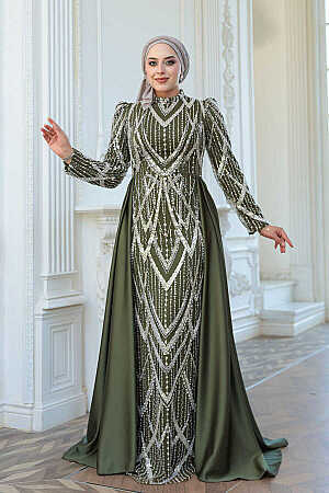 Tesettürlü Abiye Elbise - Boncuk İşlemeli Kuyruklu Haki Tesettür Abiye Elbise 51923HK - 3