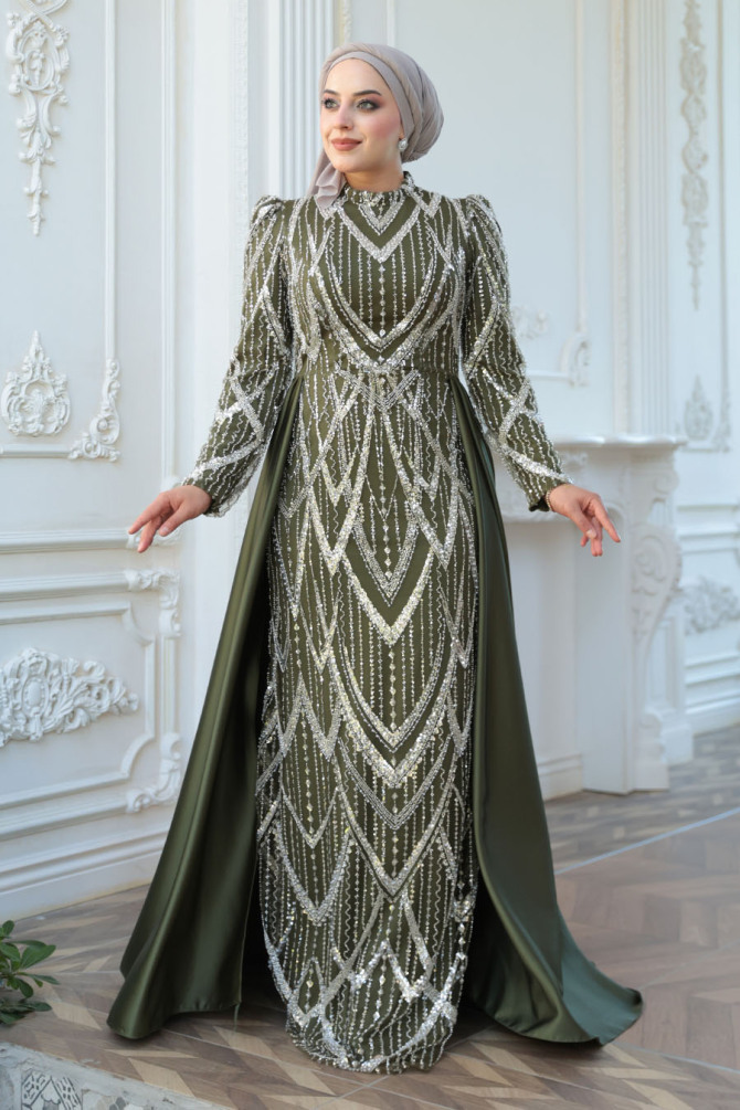 Tesettürlü Abiye Elbise - Boncuk İşlemeli Kuyruklu Haki Tesettür Abiye Elbise 51923HK - N.S NEVA STYLE