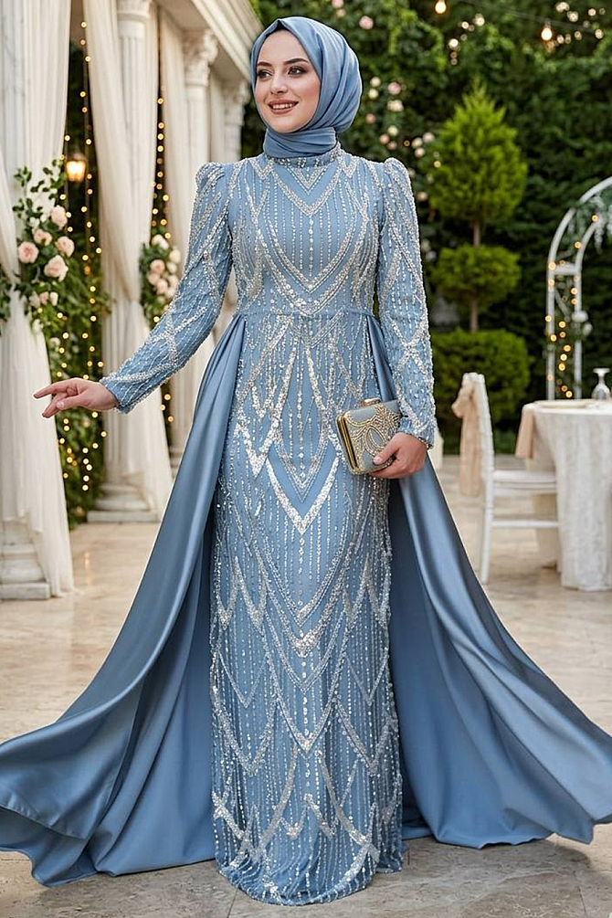 Tesettürlü Abiye Elbise - Boncuk İşlemeli Kuyruklu Mavi Tesettür Abiye Elbise 51923M - 1