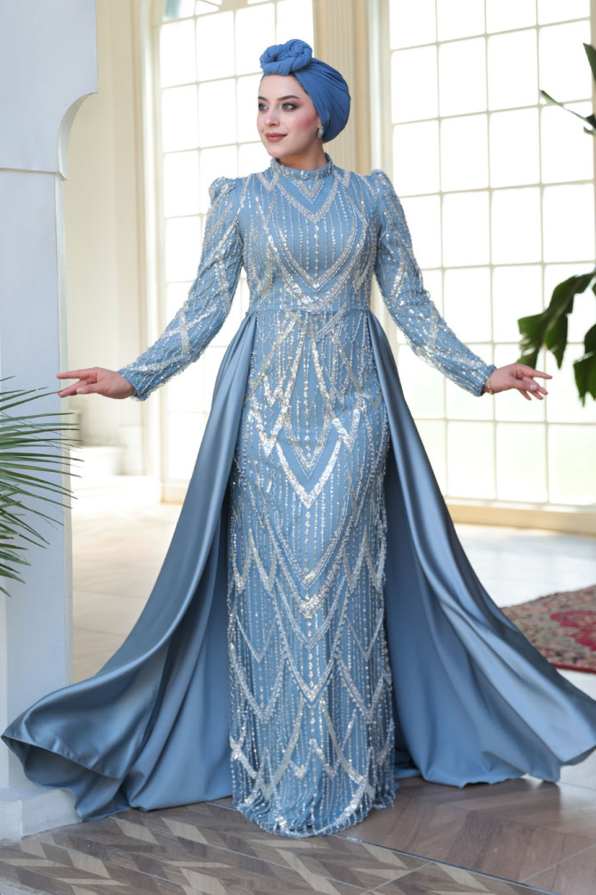 Tesettürlü Abiye Elbise - Boncuk İşlemeli Kuyruklu Mavi Tesettür Abiye Elbise 51923M - N.S NEVA STYLE