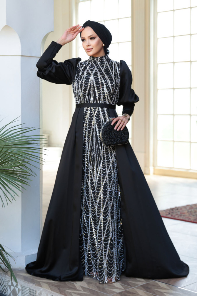 Tesettürlü Abiye Elbise - Boncuk İşlemeli Kuyruklu Siyah Tesettür Abiye Elbise 50901S - N.S NEVA STYLE