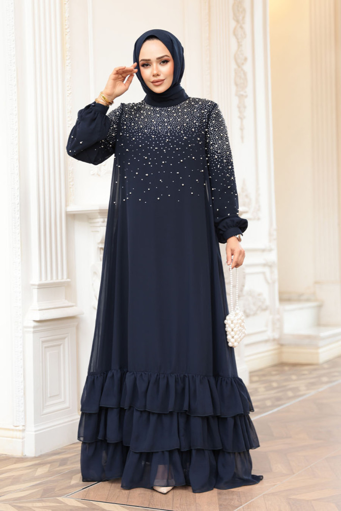 Tesettürlü Abiye Elbise - Boncuk İşlemeli Lacivert Tesettür Abiye Elbise 25906L - TESETTÜRLÜ ABİYE ELBİSELER