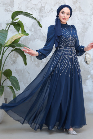 Tesettürlü Abiye Elbise - Boncuk İşlemeli Lacivert Tesettür Abiye Elbise 4953L 