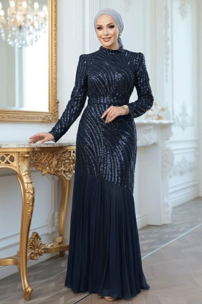 Tesettürlü Abiye Elbise - Boncuk İşlemeli Lacivert Tesettür Abiye Elbise 50261L - 1