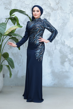 Tesettürlü Abiye Elbise - Boncuk İşlemeli Lacivert Tesettür Abiye Elbise 51012L - 1