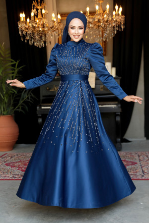 Tesettürlü Abiye Elbise - Boncuk İşlemeli Lacivert Tesettür Abiye Elbise 52081L - 2