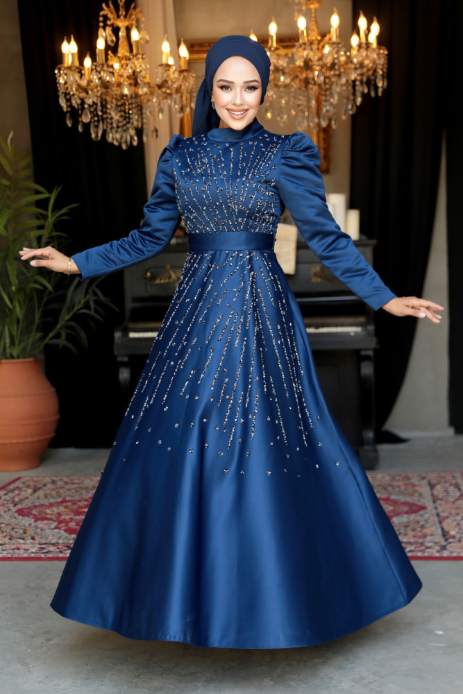 Tesettürlü Abiye Elbise - Boncuk İşlemeli Lacivert Tesettür Abiye Elbise 52081L - 2